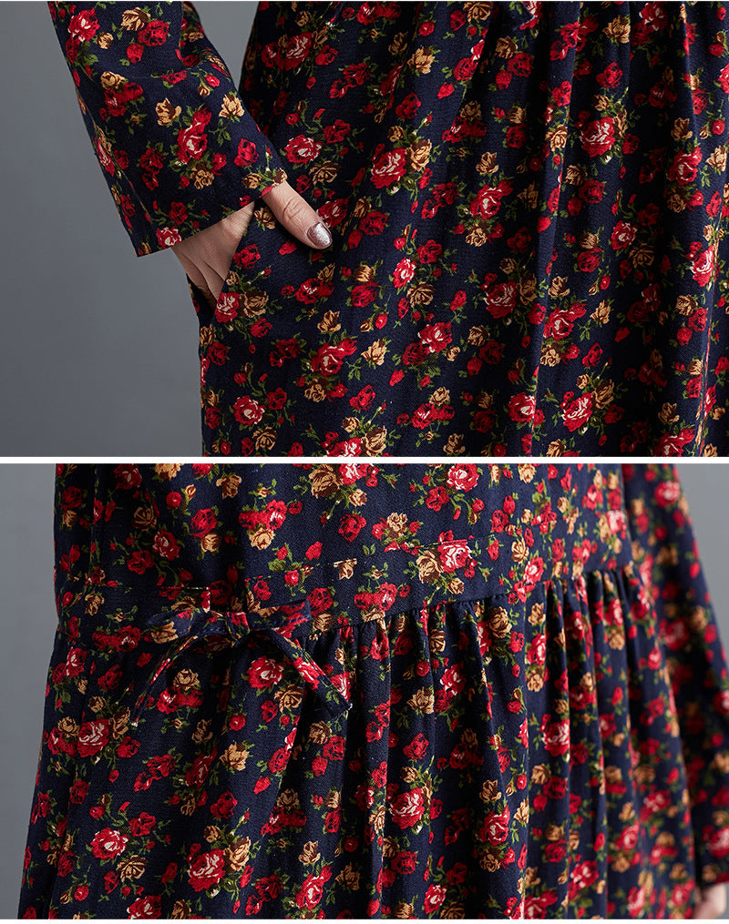 Women's Cotton-Linen Fold Stitch Dress – Relaxed Casual Midi Dress-HighTouch