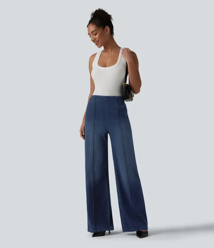 Wide Leg Work Jeans Women High Waisted Dark Denim Pockets