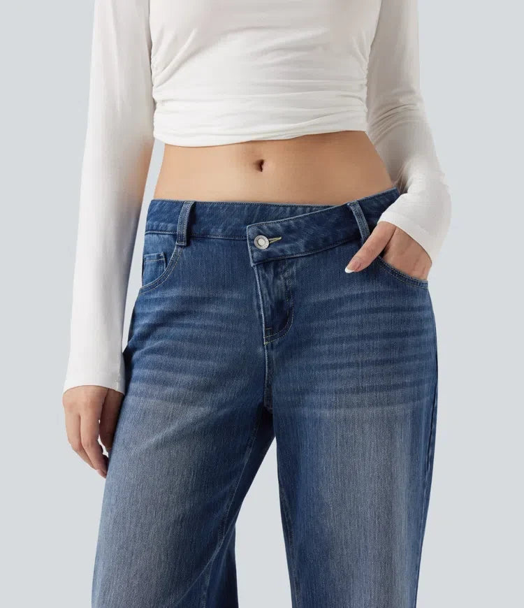 Straight Leg Jeans Women Low Rise Asymmetric Stretch Denim