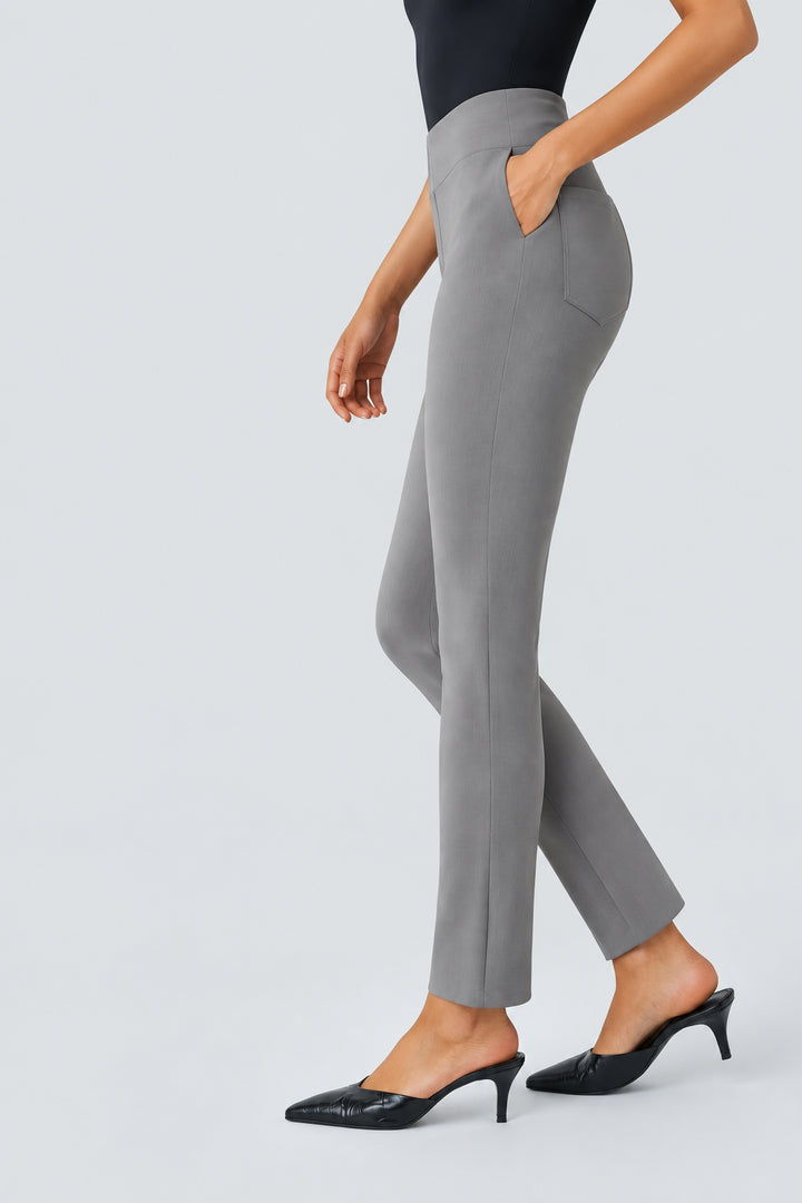 A model wearing slim-fit gray pants with side pockets, paired with black pointed mule heels, shown against a light gray background with promotional text on the left.