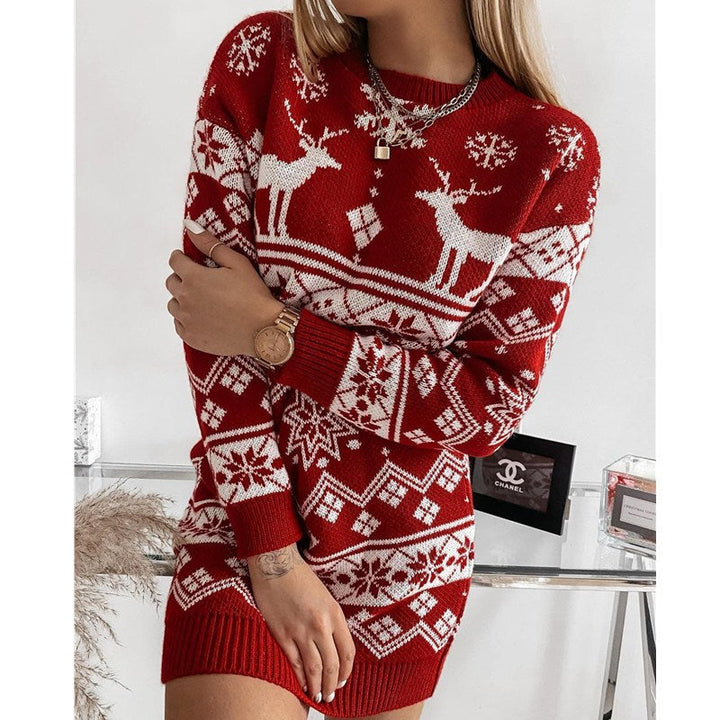 Women's Christmas Elk Snowflake Sweater Dress - Festive Winter Sweater