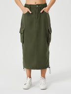 Women's Denim Cargo Midi Skirt – High Waisted Y2K Style with Pockets-HighTouch