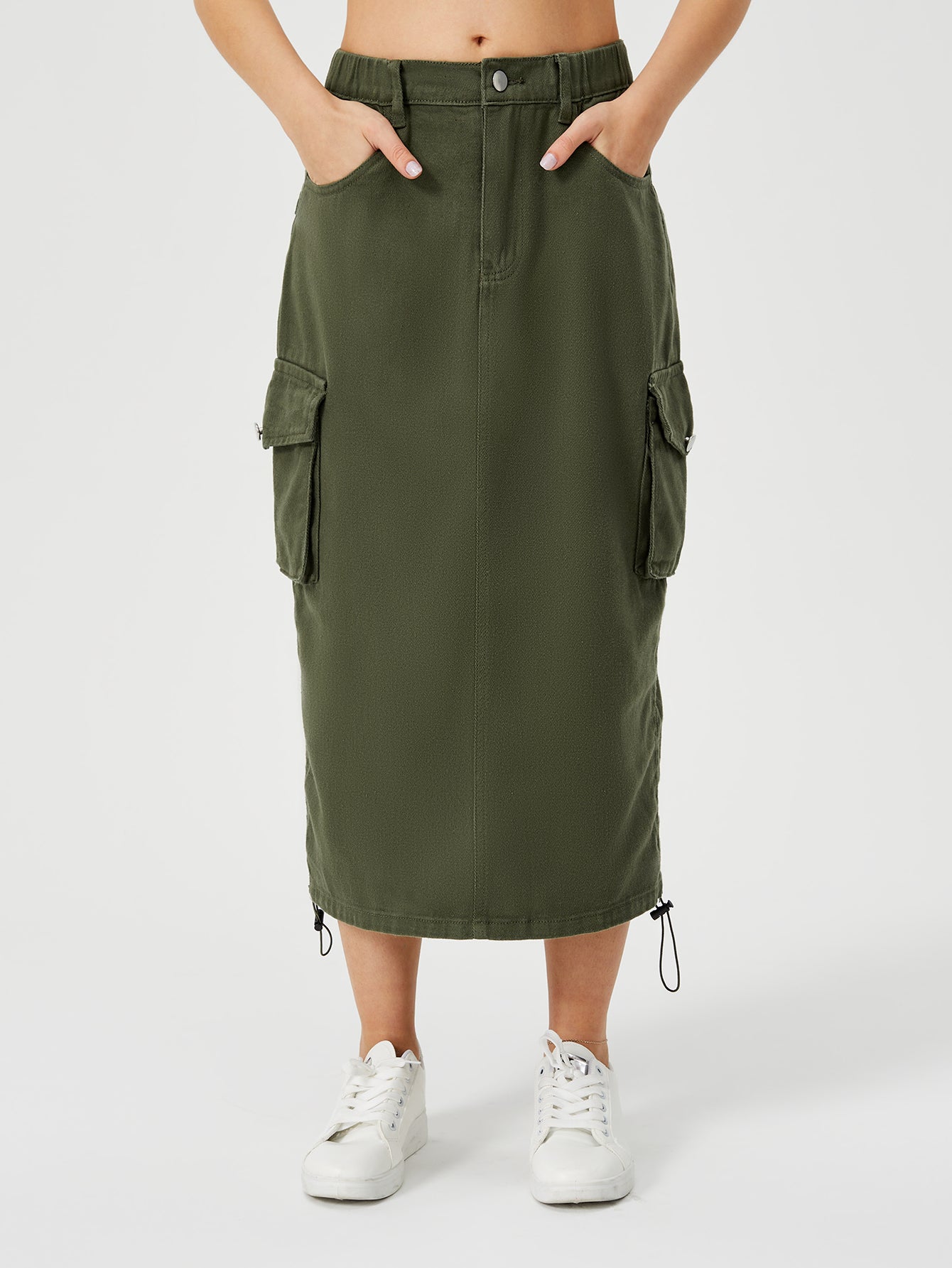 Women's Denim Cargo Midi Skirt – High Waisted Y2K Style with Pockets-HighTouch