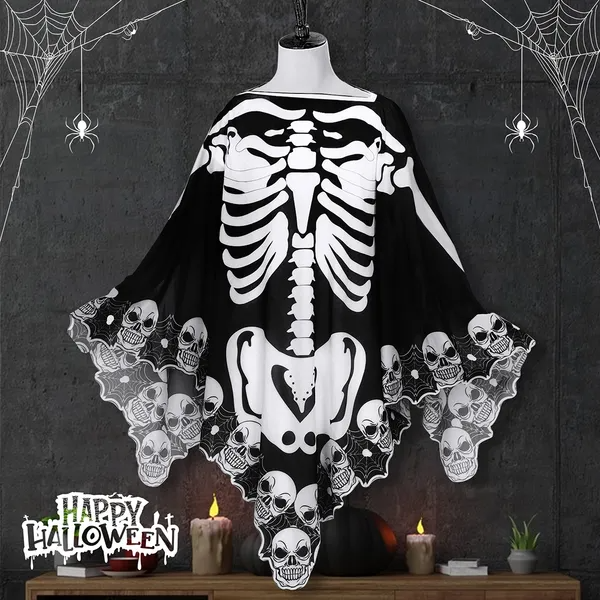 Halloween Skeleton Poncho – Skull & Bones Lace Cape