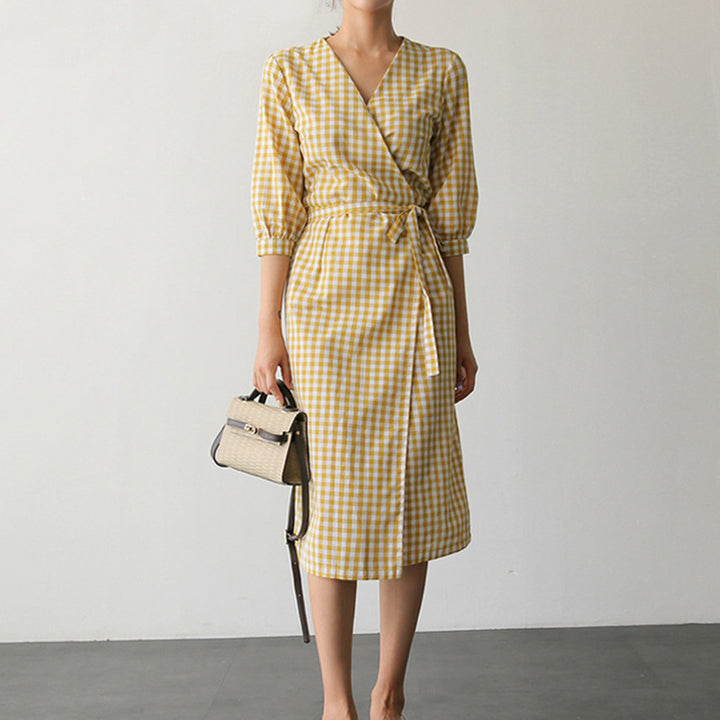 Women's Lattice A-Line Skirt – Cotton-Linen Blend Collage Splicing Design-HighTouch
