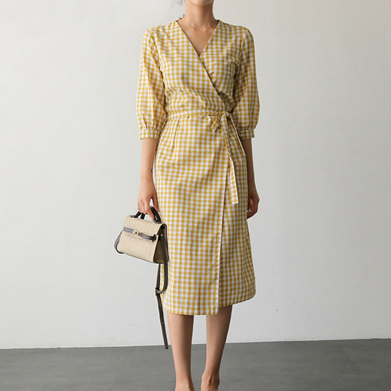 Women's Lattice A-Line Skirt – Cotton-Linen Blend Collage Splicing Design-HighTouch
