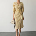 Women's Lattice A-Line Skirt – Cotton-Linen Blend Collage Splicing Design-HighTouch