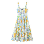 Blended Linen Printing Midi Skirt Dress |Plants & Flowers Pattern-HighTouch