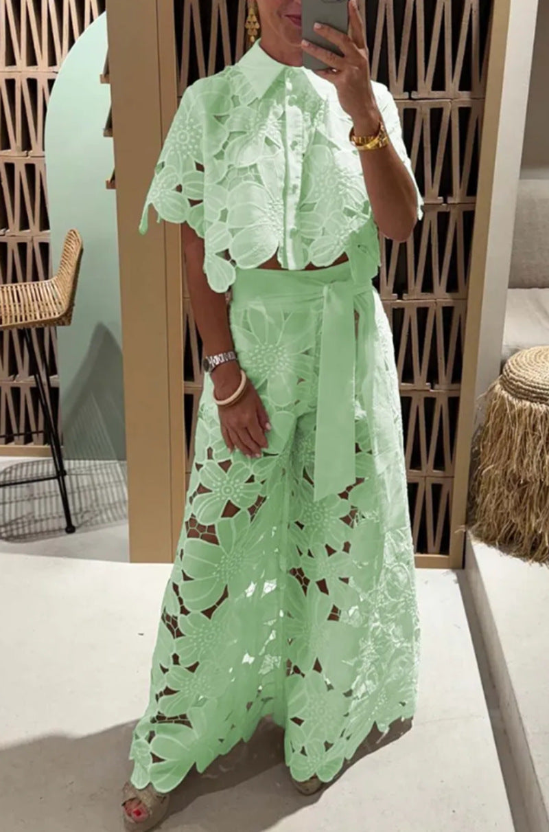 Solid Color Sexy Cutout Cardigan Top Wide Leg Pants Two-piece Set-HighTouch