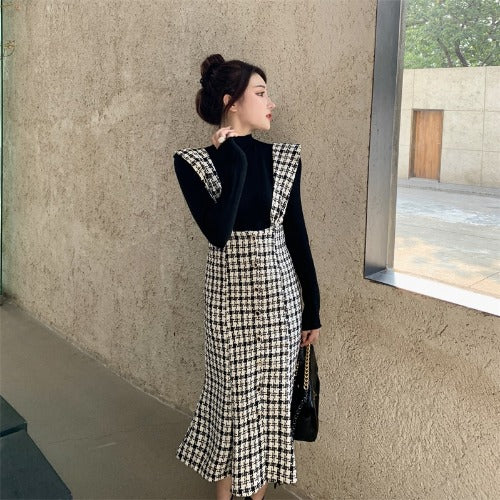 Women's French Retro Plaid Dress – Elegant Commuter Square Collar Style-HighTouch