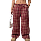 Women's Casual All-match Loose Drawstring Plaid Pocket Trousers-HighTouch