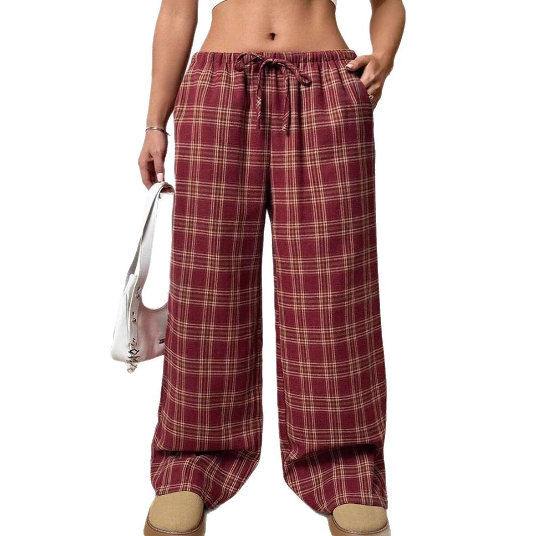 Women's Casual All-match Loose Drawstring Plaid Pocket Trousers-HighTouch