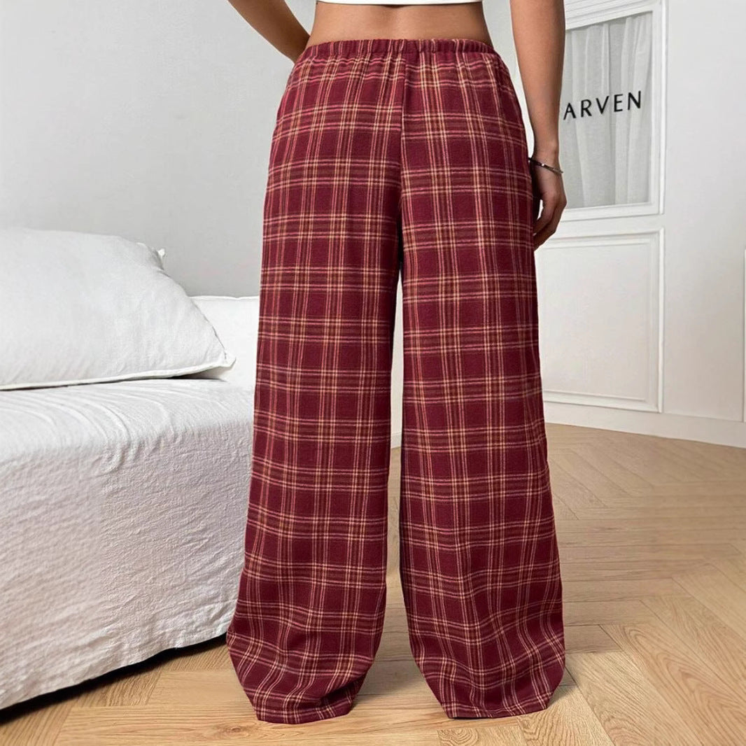 Women's Casual All-match Loose Drawstring Plaid Pocket Trousers-HighTouch