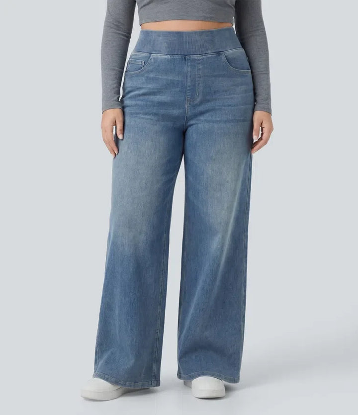 Plus Size Jeans Women High Waisted Baggy Wide Leg Washed