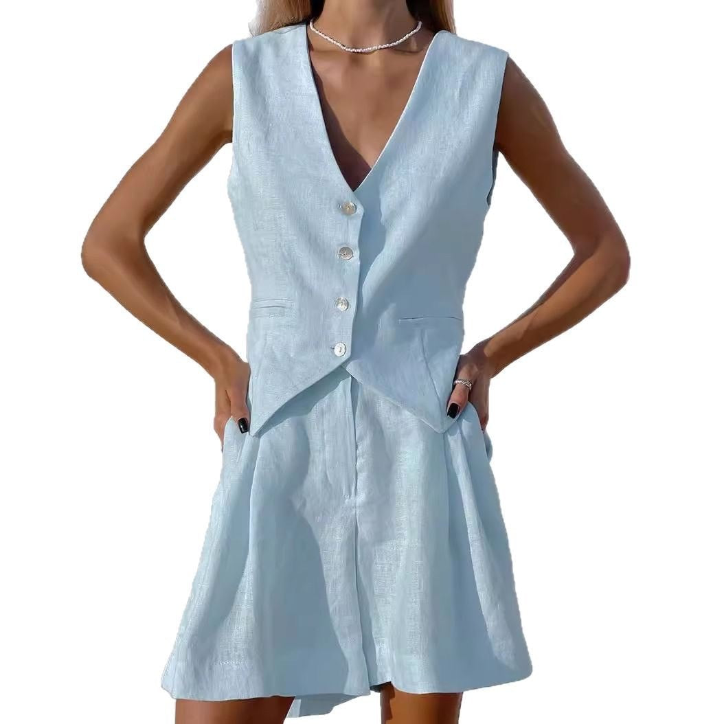 Olivia - Casual Linen Two Piece Button-Front Summer Set