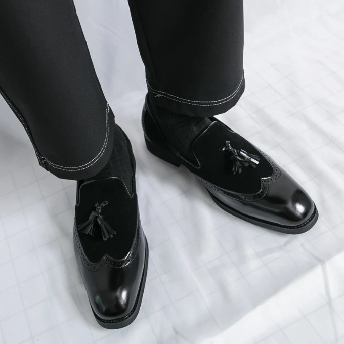 Men's Leather Tassel Loafers with Suede Panels