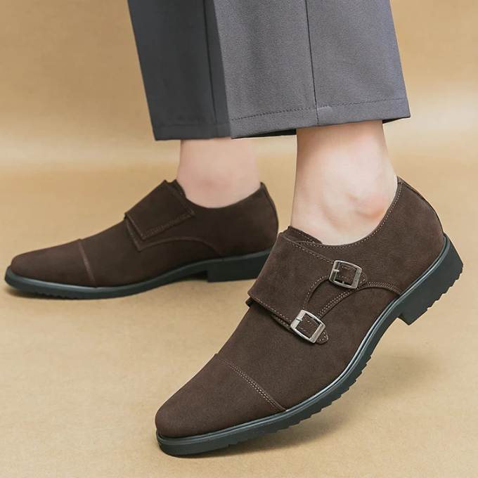 Men’s Suede Monk Strap Shoes – Double Buckle Style