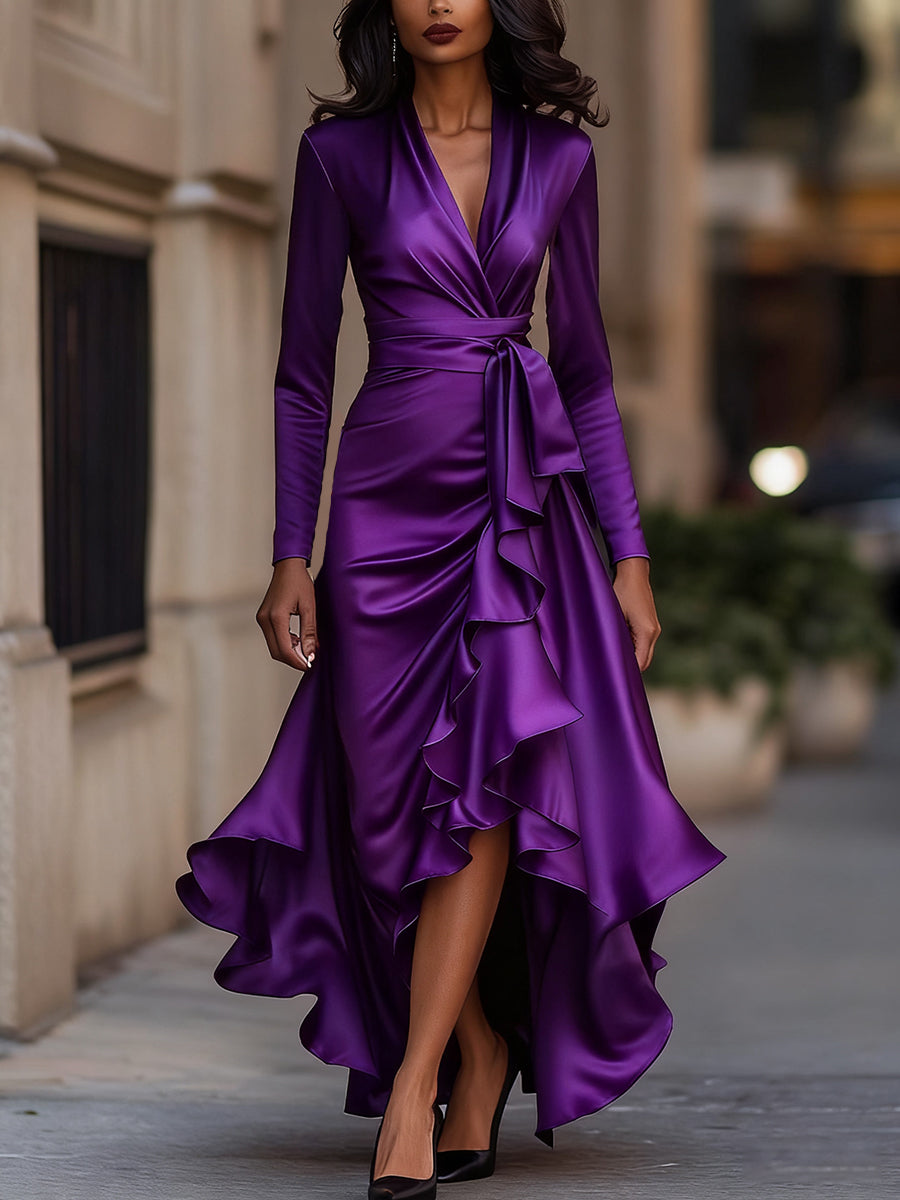 Mirabelles | Pleated Satin Maxi Dress With Ruffle Details