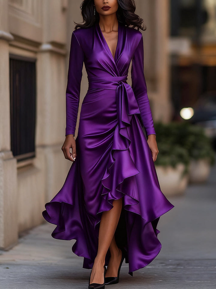 Mirabelles | Pleated Satin Maxi Dress With Ruffle Details