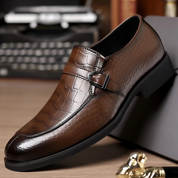 Men’s Leather Monk Strap Shoes – Croc Textured Style