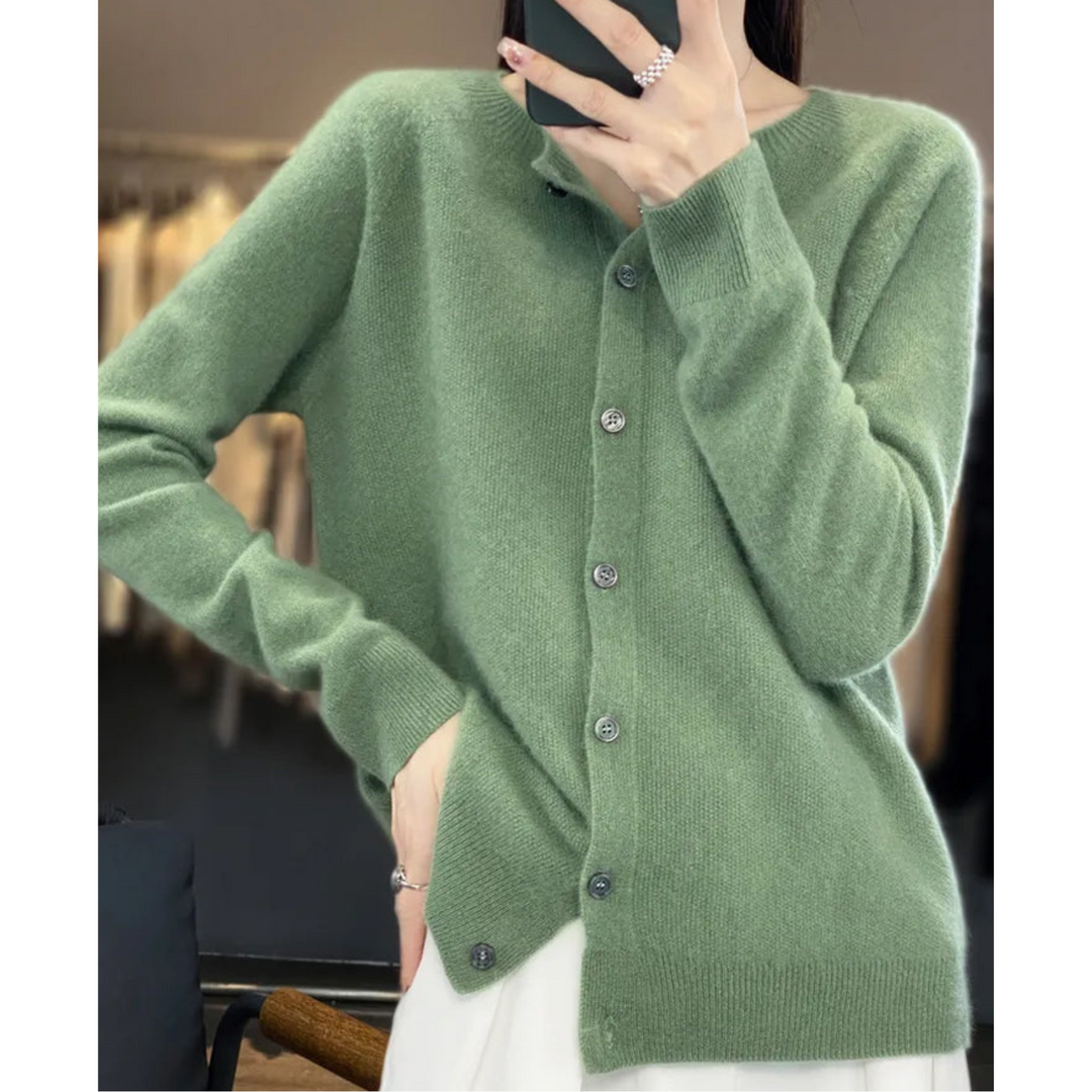 Wool -Blend O-Neck Cardigan Sweater-HighTouch