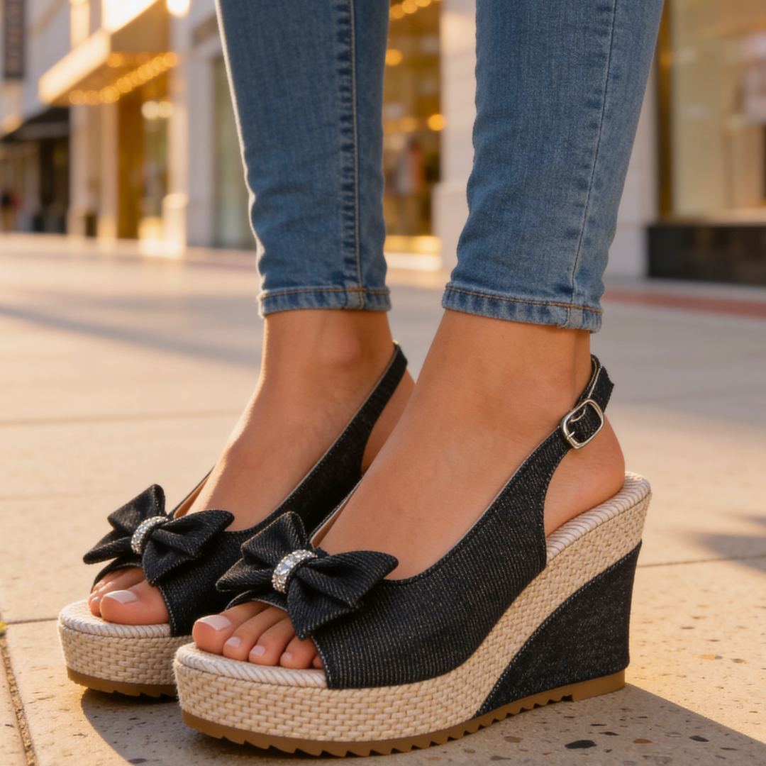 Women's Crystal Bow Wedge Sandals Dress Shoes