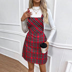 Women's Striped Plaid Suspender Sundress – Elegant Commuter Midi Dress-HighTouch