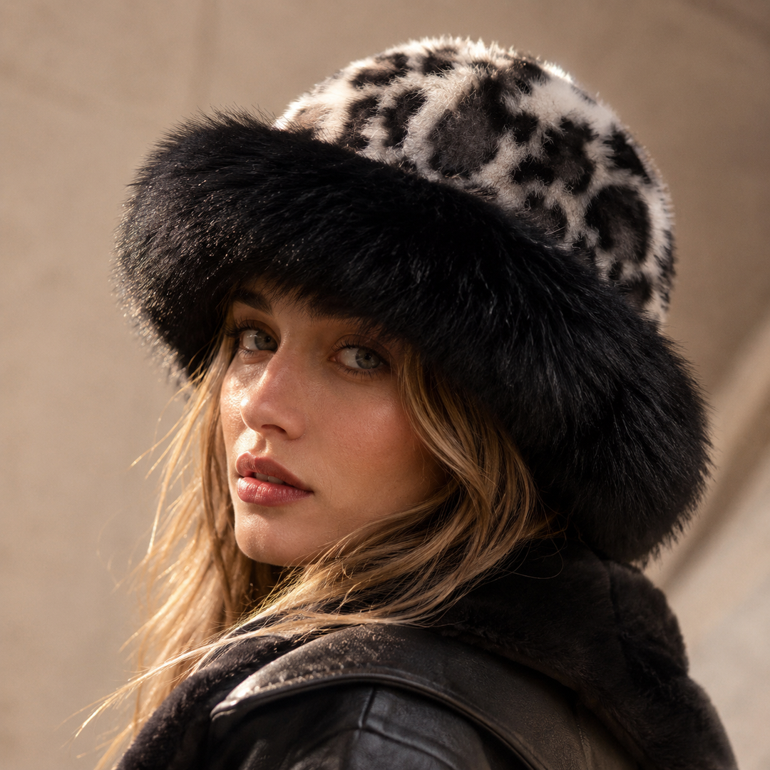 Women's Leopard Faux Fur Bucket Hat Winter Warm Cap