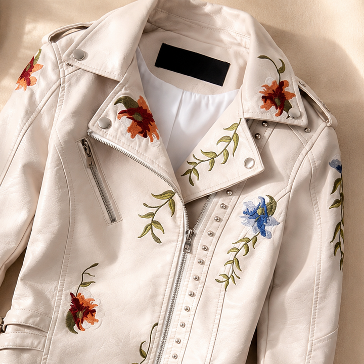 Delacroix Women's Floral Embroidered Leather Biker Jacket
