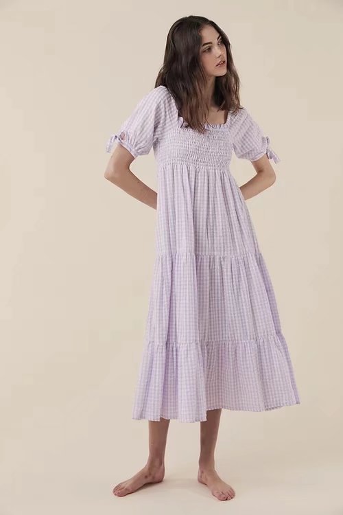 Purple Plaid Elastic Long Dress-HighTouch