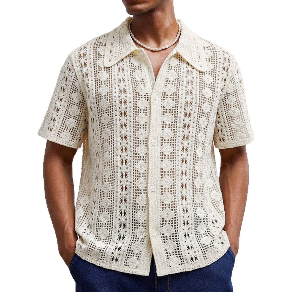 Mens Short-Sleeve Cardigan Crochet Hollow-Out Knitted Sweater-HighTouch