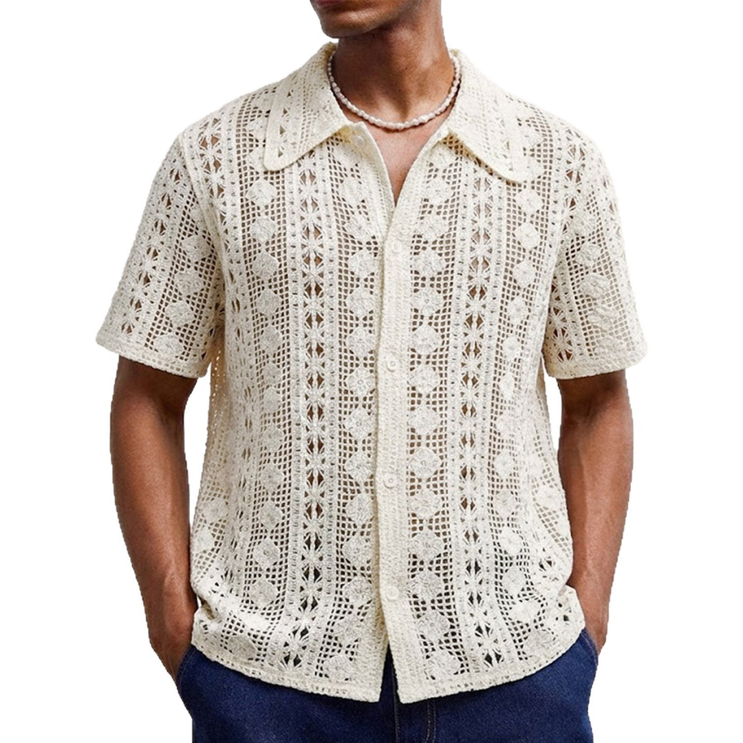 Mens Short-Sleeve Cardigan Crochet Hollow-Out Knitted Sweater-HighTouch