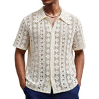 Mens Short-Sleeve Cardigan Crochet Hollow-Out Knitted Sweater-HighTouch