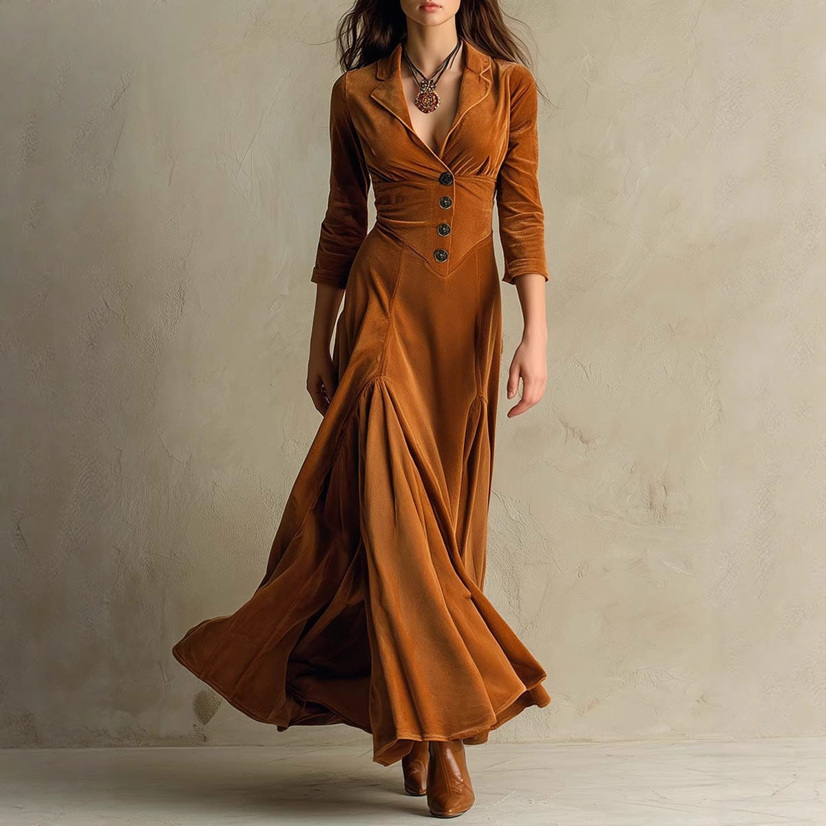 Solid Color Buttons Lapel 34 Sleeve Maxi Dress Waist Expansion Skirt-HighTouch
