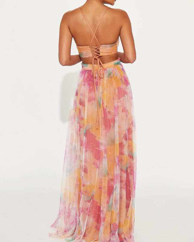 Elegant Painted Floral Print V-Neck A-Line Maxi Dress