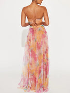 Elegant Painted Floral Print V-Neck A-Line Maxi Dress-HighTouch