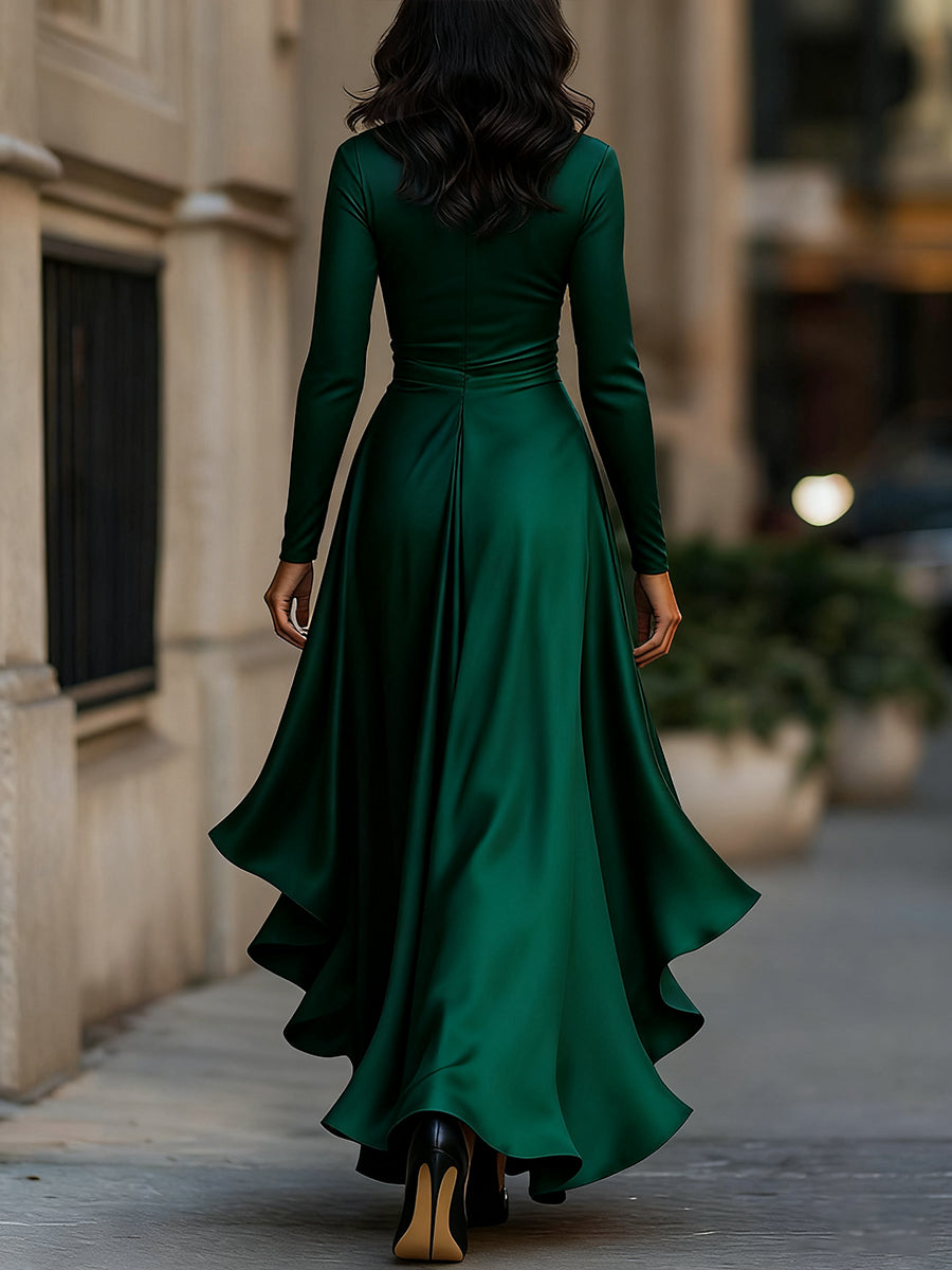 Mirabelles | Pleated Satin Maxi Dress With Ruffle Details