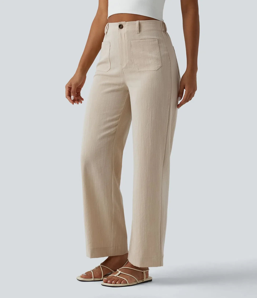 High Waisted Straight Leg Casual Linen-Feel Pants with Pockets