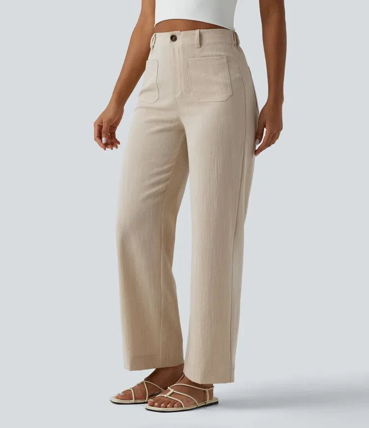 High Waisted Straight Leg Casual Linen-Feel Pants with Pockets