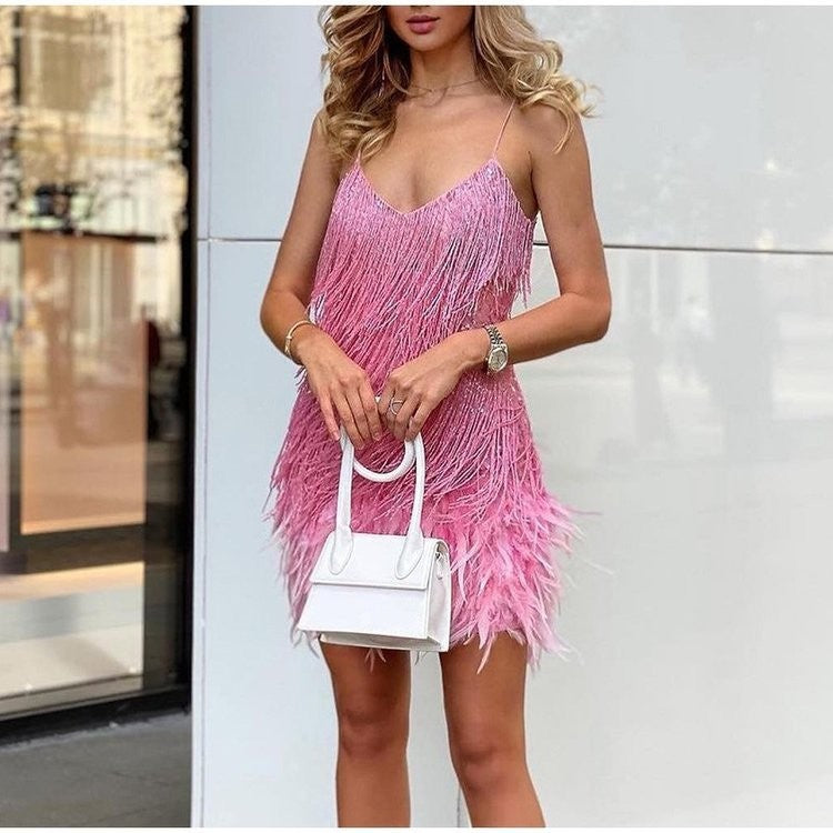 Margaret | Women's Fringe Feather Cocktail Dress for Events-HighTouch
