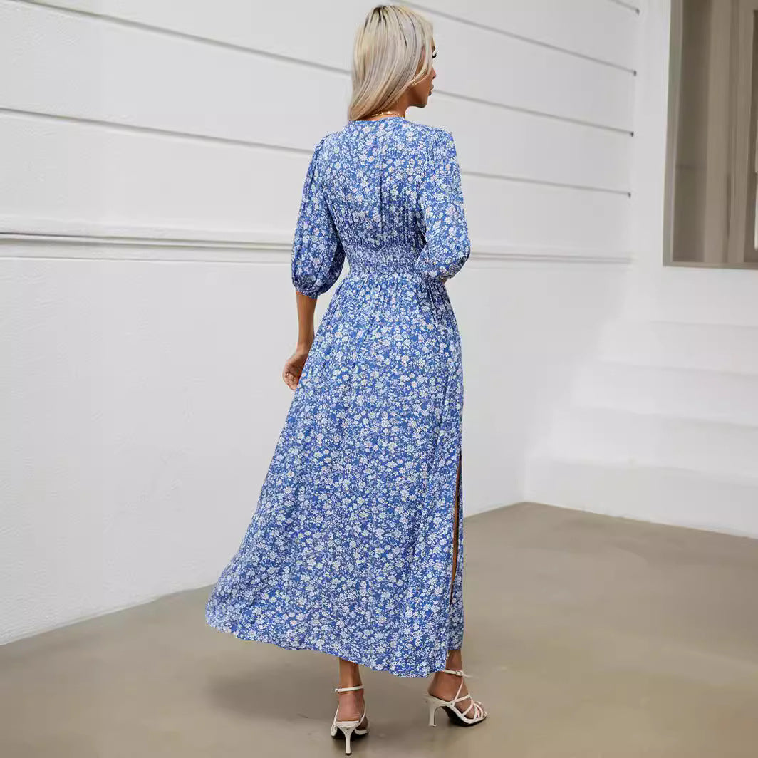V-neck Lantern Sleeve Waist-tight Dress Seaside Vacation Bohemian Style-HighTouch