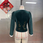 Women's V-Neck Retro Black Velvet Shirt with Puffed Sleeves-HighTouch