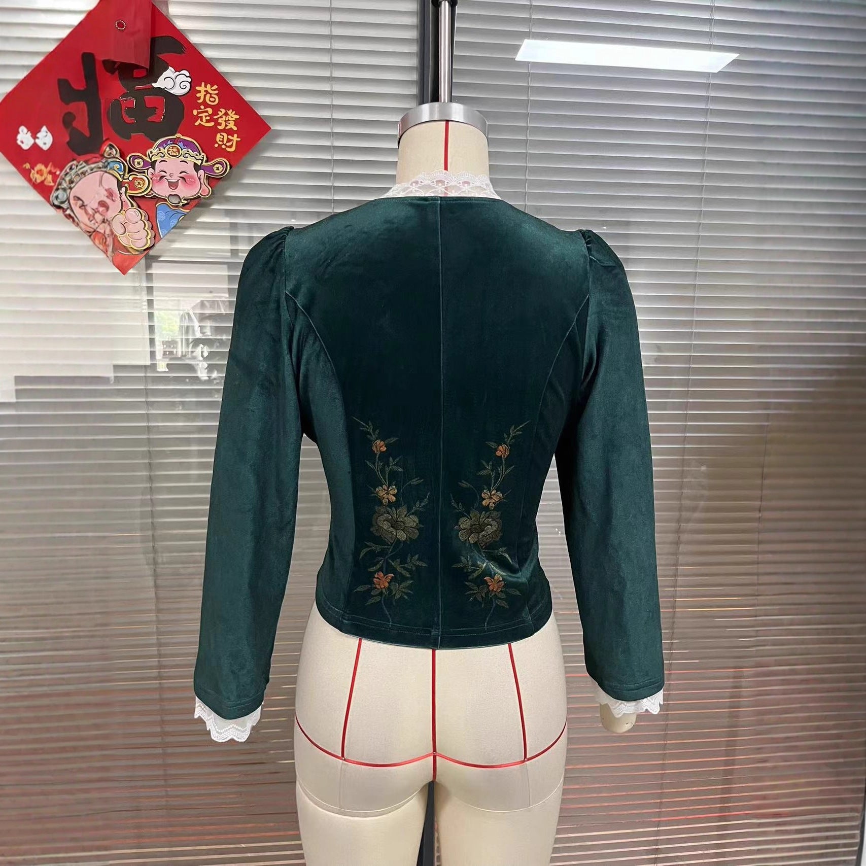 Women's V-Neck Retro Black Velvet Shirt with Puffed Sleeves