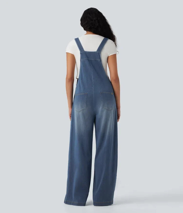 Denim Overalls Women Square Neck Washed Wide Leg Jumpsuit