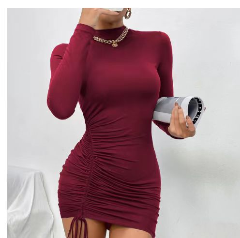 Purple Pleated Turtleneck Dress-HighTouch