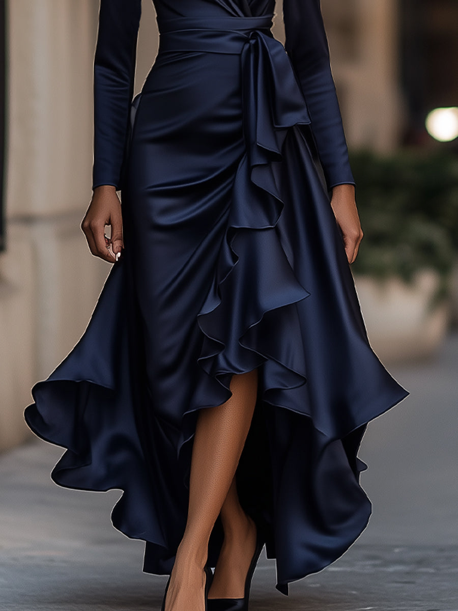 Mirabelles | Pleated Satin Maxi Dress With Ruffle Details