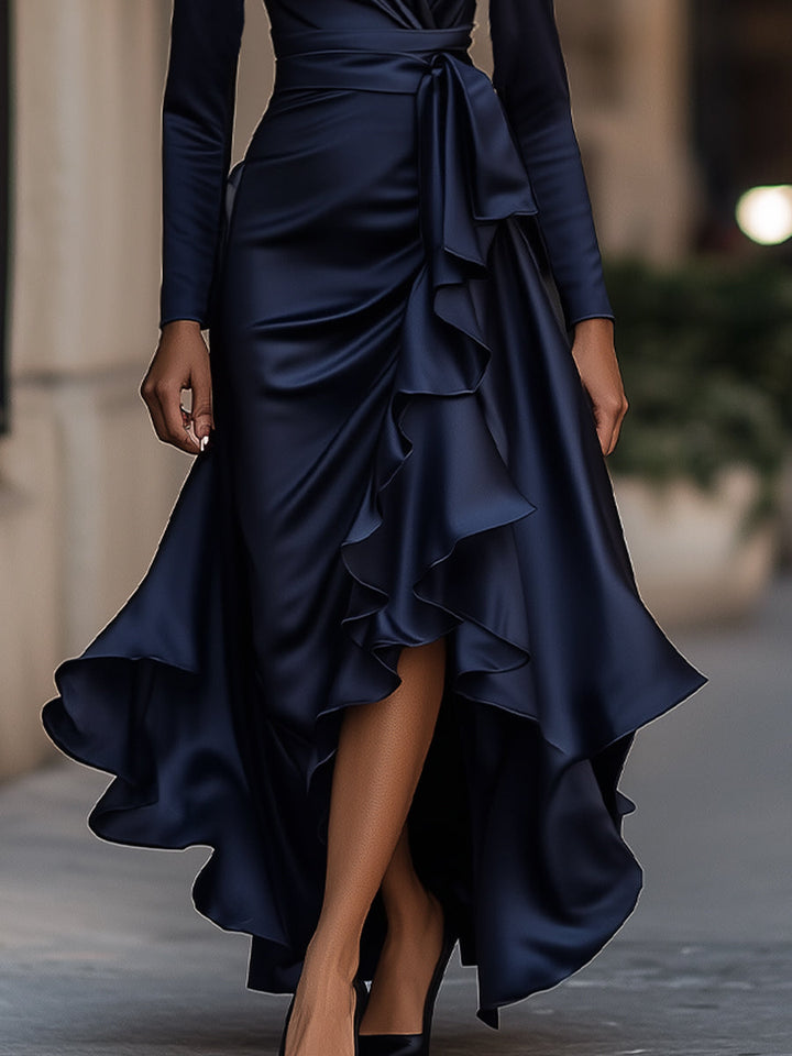Mirabelles | Pleated Satin Maxi Dress With Ruffle Details