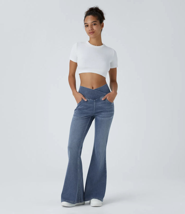 Flare Jeans Women High Waisted Crossover Washed Denim