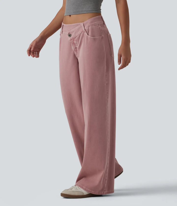 Wide Leg Jeans Women Low Rise Asymmetric Pink Denim