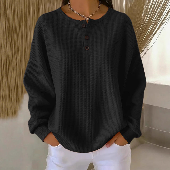 Waffle Knit Long Sleeve Button Top-HighTouch